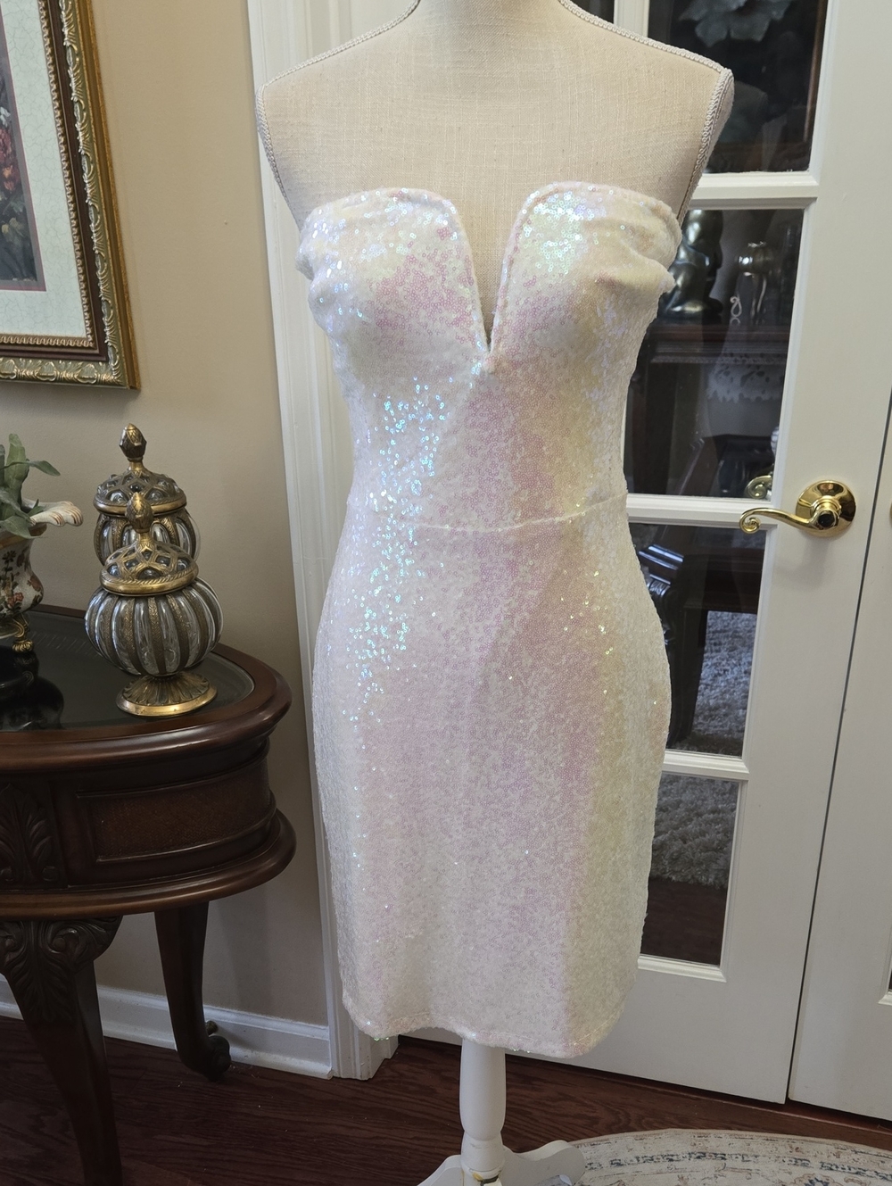 Bee Free Strapless Iridescent Sequin Dress White-Pink Exposed Back Zip sz XL EUC